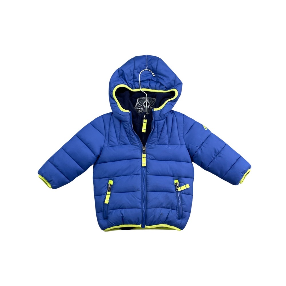 Snozu Puffer Jacket Kids 18M Blue‎ Neon Yellow Fleece Lined Hooded Quilted Coat